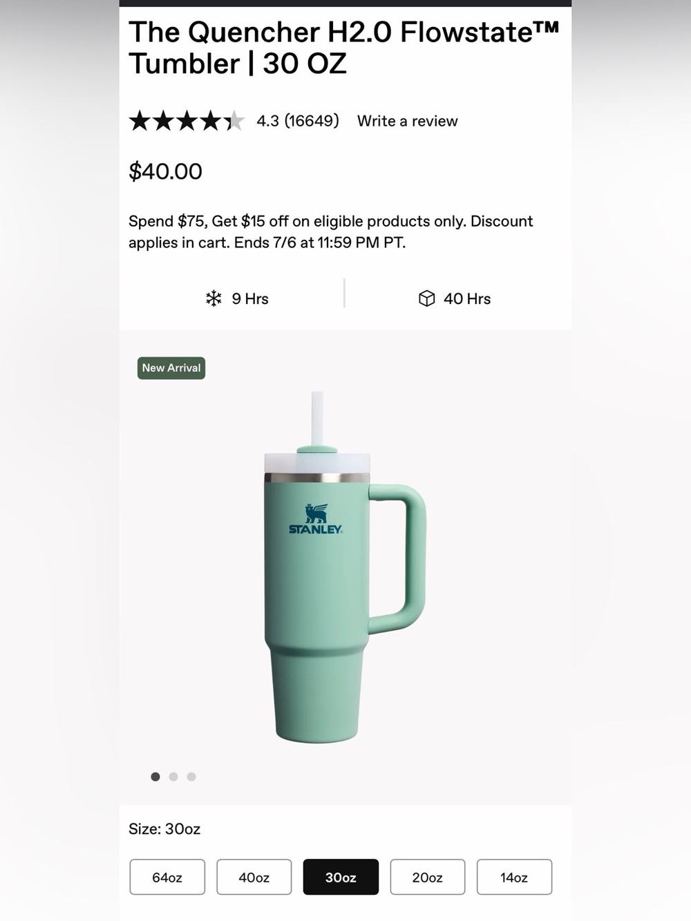Stanley Mint Green Travel Tumbler with Handle and Straw - 30oz